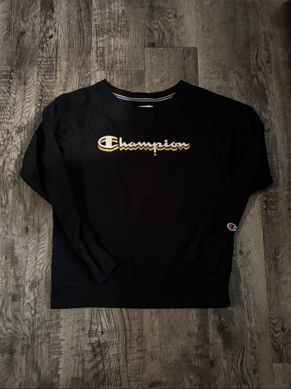Champion Crewneck Sweatshirt - Black with Gold and White Logo - Size Medium